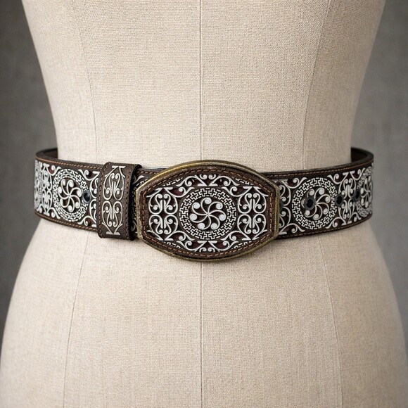 Mexican Charro Greca Laser Cut Leather Belt Brown White Western Mens Size 32